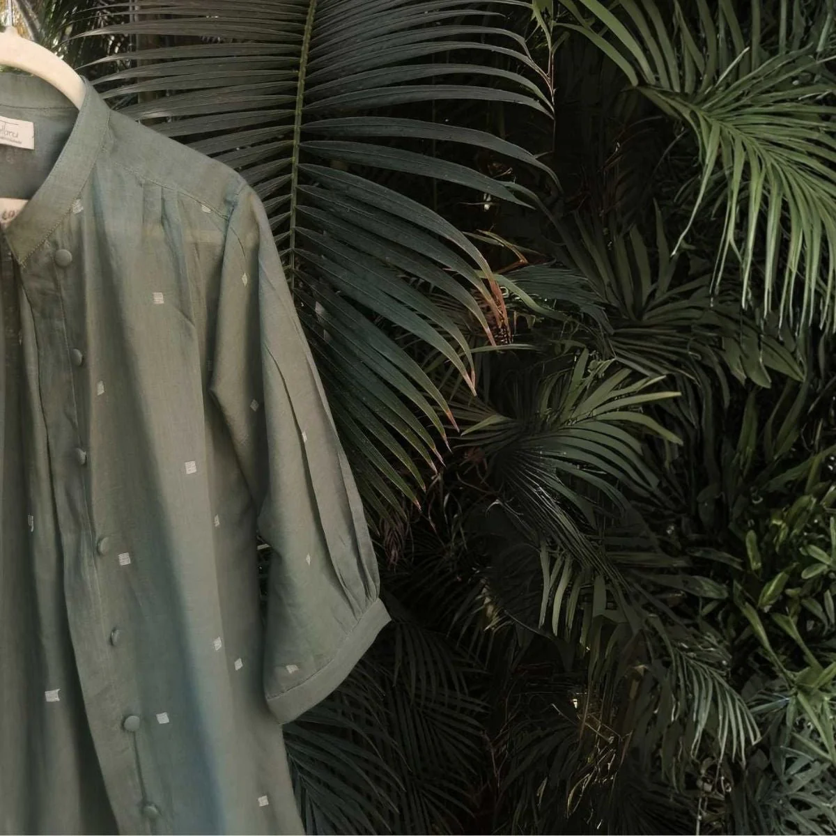 Willow Long Shirt in Jamdani Cotton Olive Green - Image 3