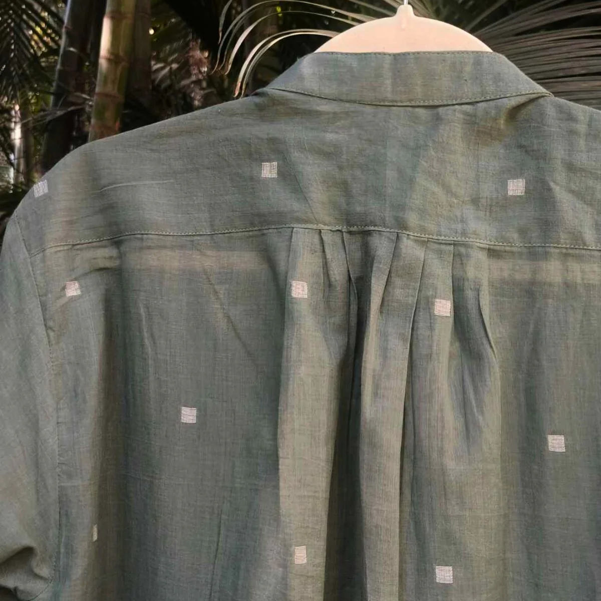 Willow Long Shirt in Jamdani Cotton Olive Green - Image 4