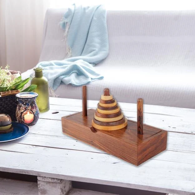 Wooden 9-Rings Tower of Hanoi Puzzle Game | Handmade (Brown) - Image 7