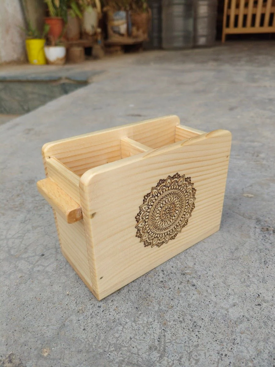 Wooden Cutlery Holder With Mandala Design | Kitchen Organiser