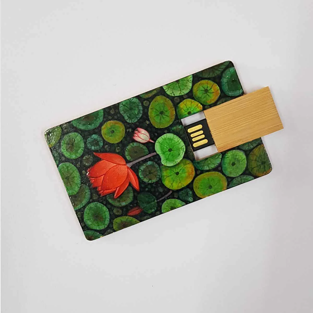Wooden Pen Drive With Hand Painted Lotus And Leaves