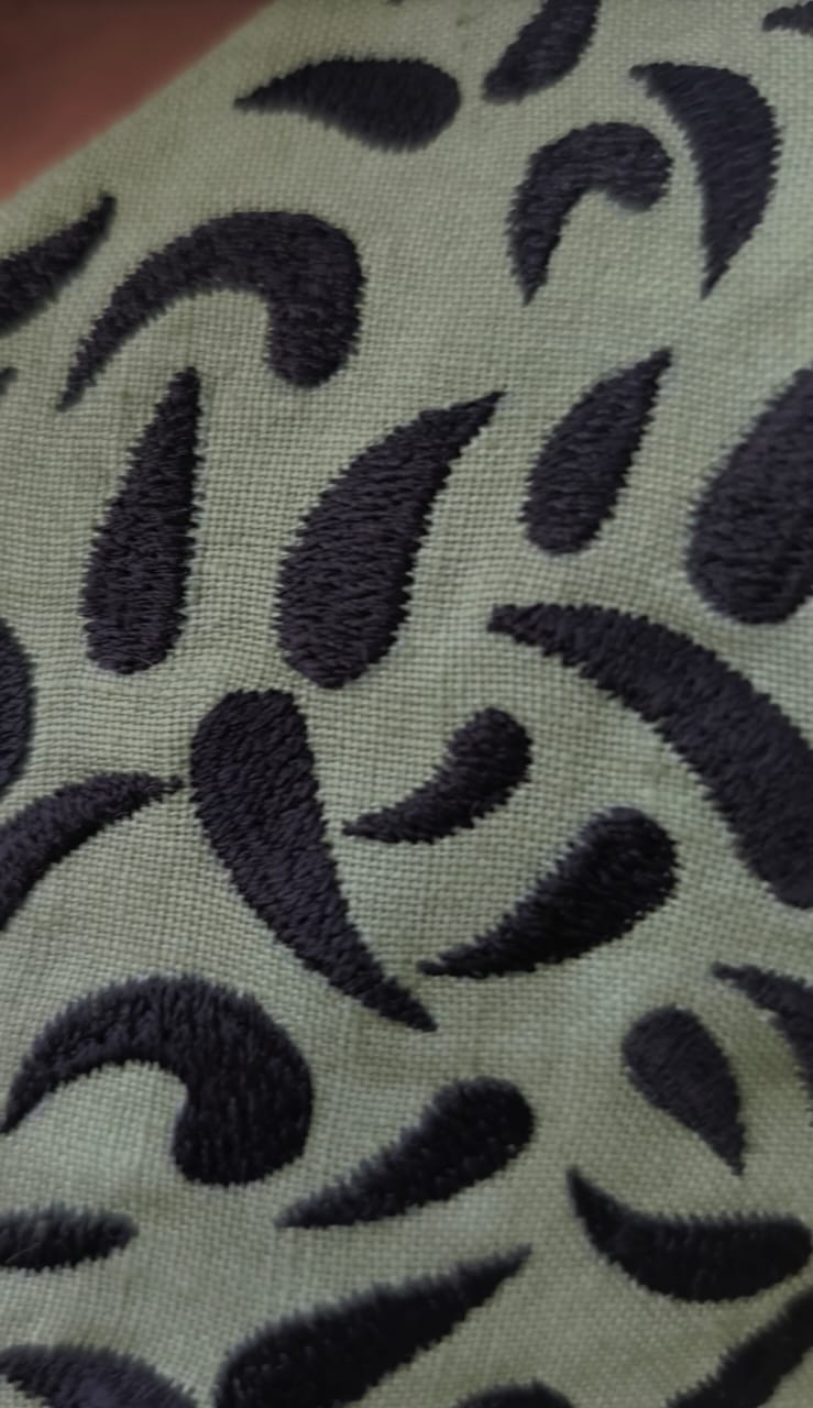 Yamika Sage Green Handloom Linen Dress With Black Embroidery - Image 4