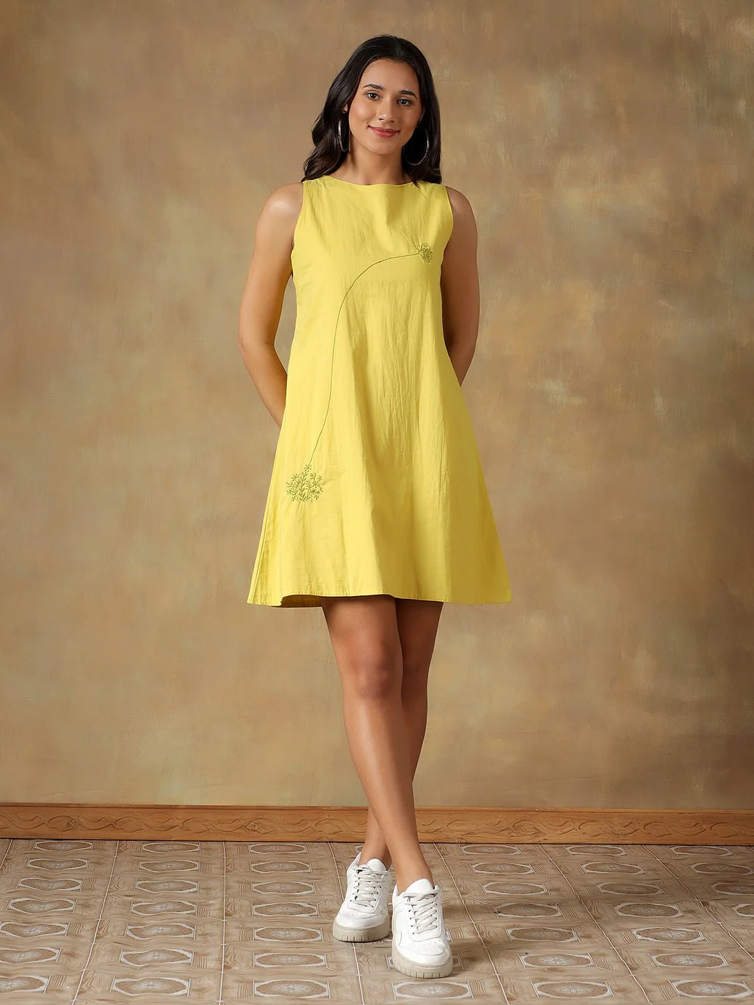 Yellow Cotton Handcrafted Chikankari Racerback Dress