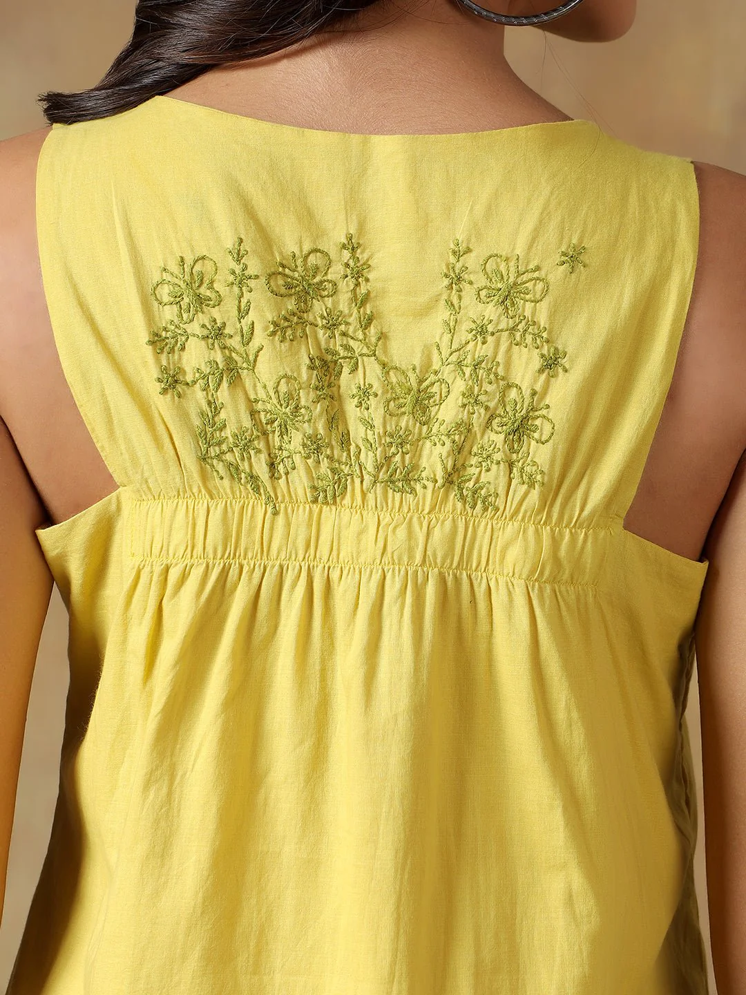 Yellow Cotton Handcrafted Chikankari Racerback Dress - Image 5