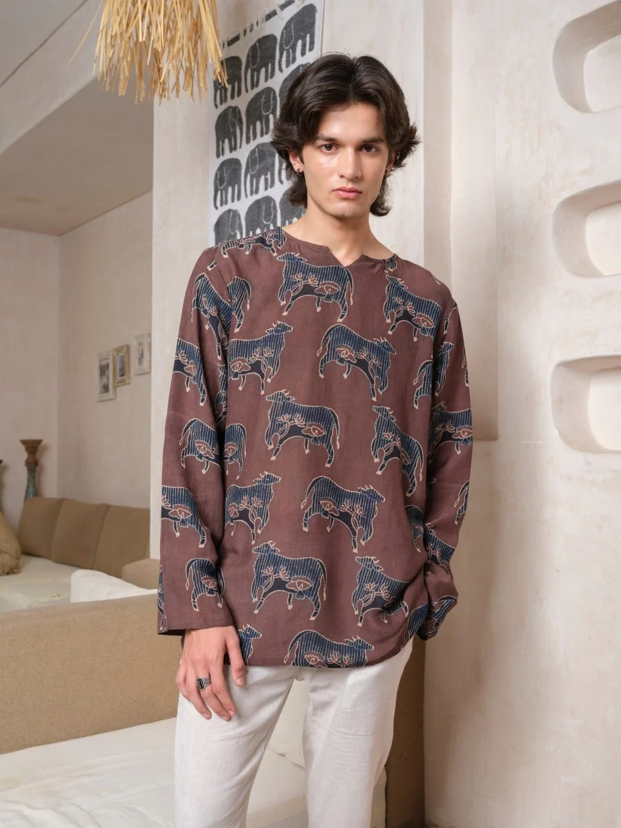 Yog - Brown Indigo Ajrakh Block Print Tunic Kurta | Organic Cotton