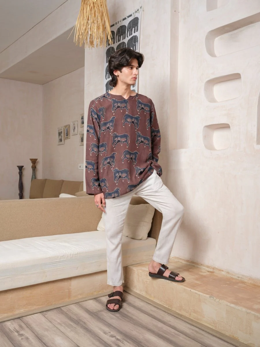 Yog - Brown Indigo Ajrakh Block Print Tunic Kurta | Organic Cotton - Image 2