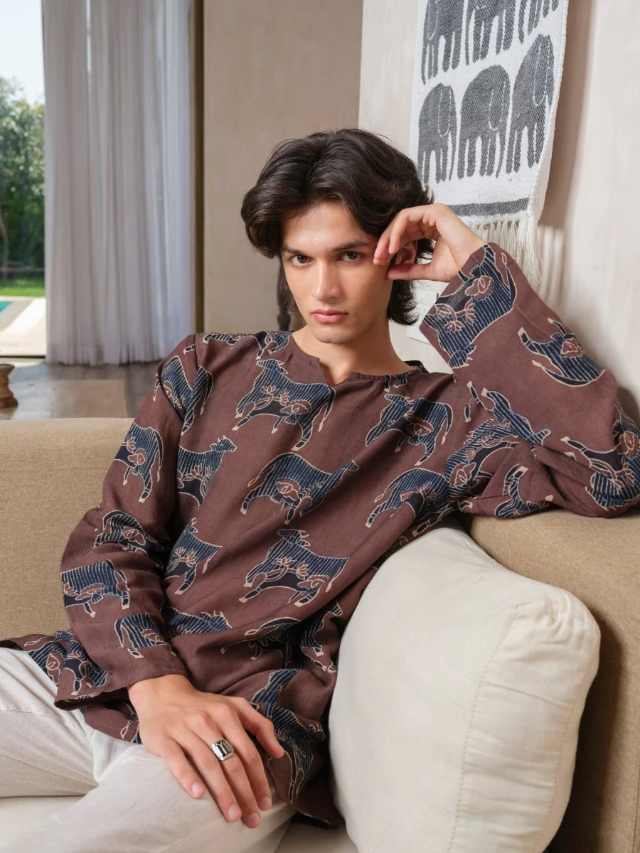 Yog - Brown Indigo Ajrakh Block Print Tunic Kurta | Organic Cotton - Image 6