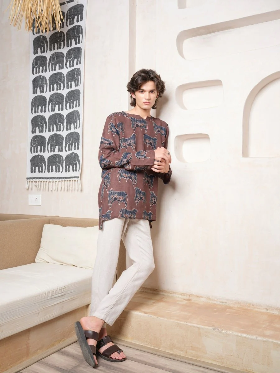 Yog - Brown Indigo Ajrakh Block Print Tunic Kurta | Organic Cotton - Image 7